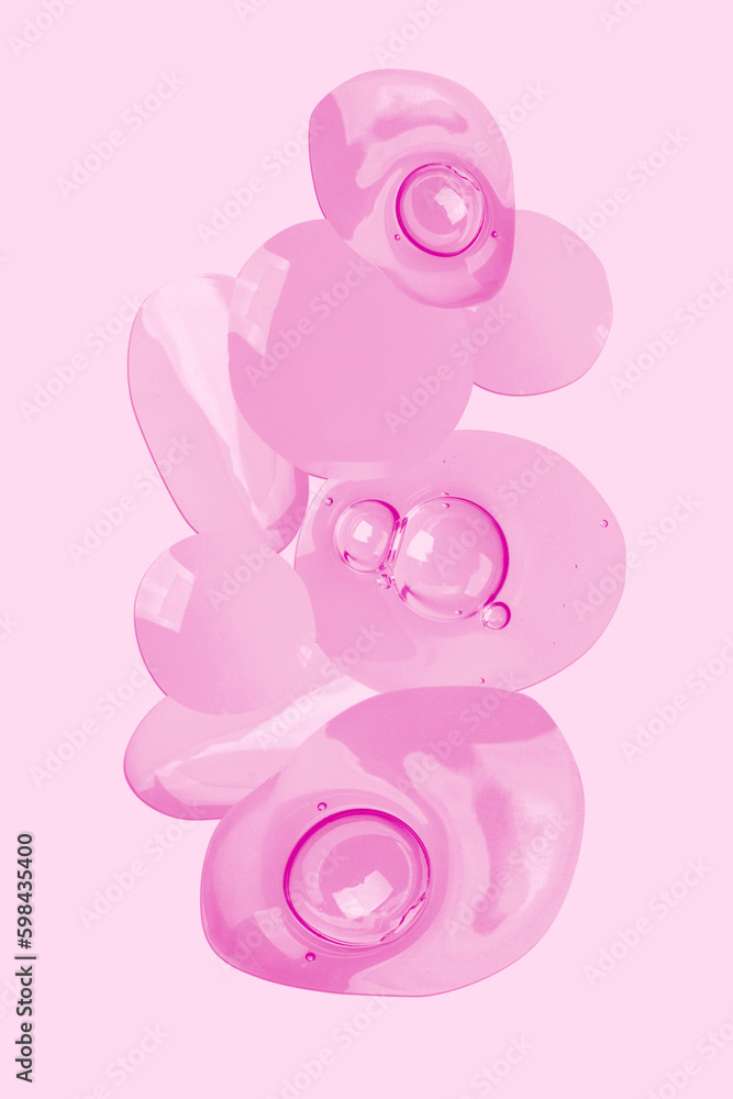 round drops of transparent gel serum on a pink background. gel with bubbles. Water droplets round drops of transparent gel serum on a pink background. gel with bubbles. Water droplets