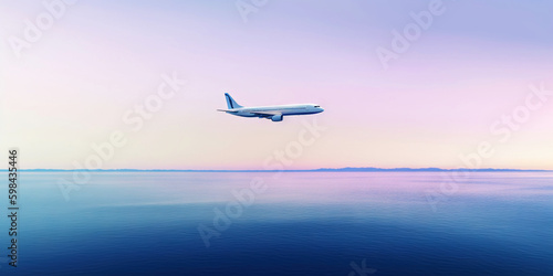 Passengers commercial airplane flying above sea surface on colorful paradise sunset. Airliner in flight. Generative AI