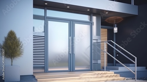 Aluminum modern entrance to a luxury house where the door is als   remarkable. Generative AI Technology 