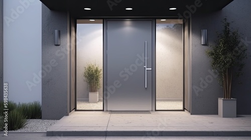 Aluminum modern entrance to a luxury house where the door is alsó remarkable. Generative AI Technology 