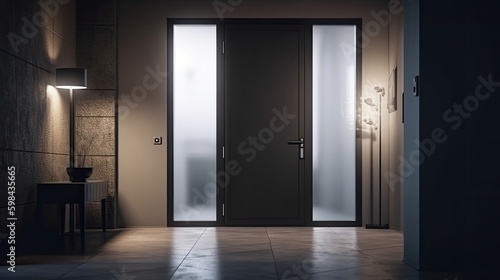 Aluminum modern entrance to a luxury house where the door is alsó remarkable. Generative AI Technology  © Dniel