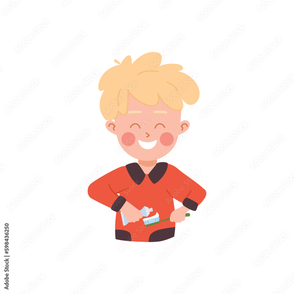 Happy boy brushing teeth, cartoon flat vector illustration isolated on white background.