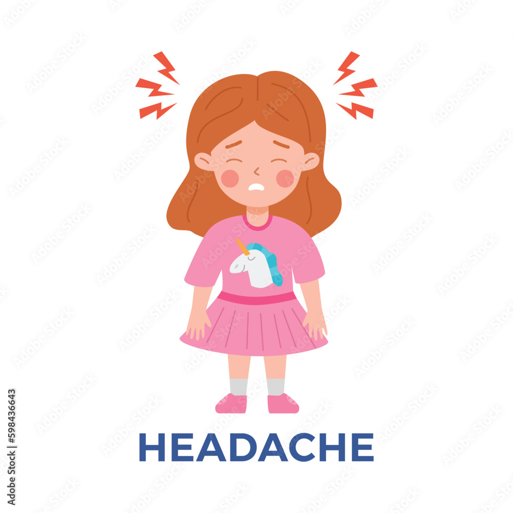 Sad little girl in pink dress experiencing headache flat style Sad little girl in pink dress experiencing headache flat style