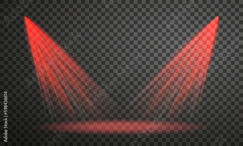 Red light effect isolated on transparent backdrop. Vector illustration of bright colorful stage beams