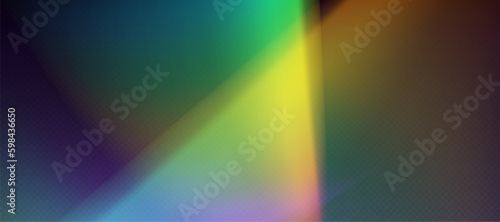 Rainbow refraction overlay, leak flare, prism light effect, rainbow sunlight, holographic rays with transparency. Blurred bokeh retro photo texture, vintage camera glare. Vector background.