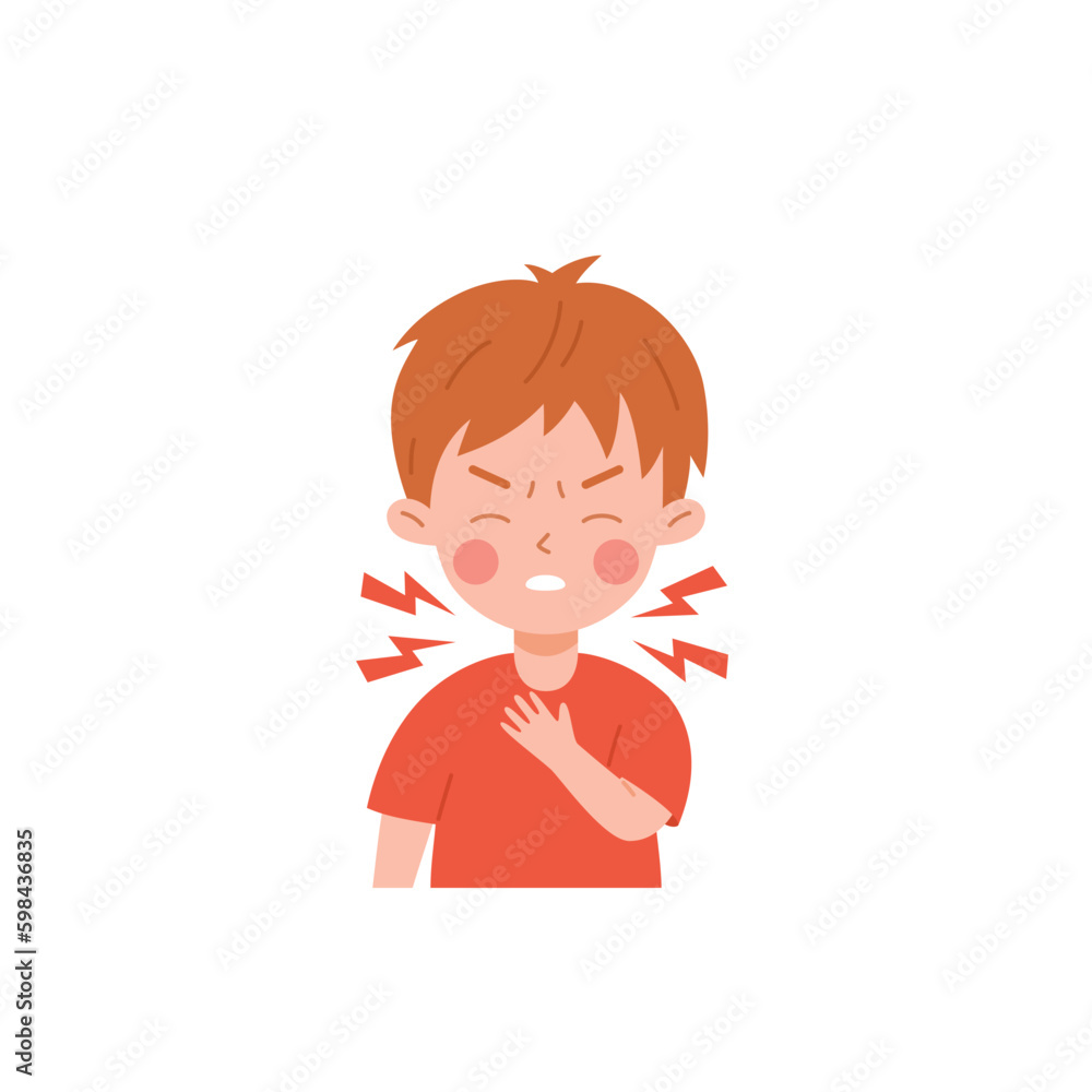 Kid boy having sore throat flu symptom flat style, vector illustration Kid boy having sore throat flu symptom flat style, vector illustration