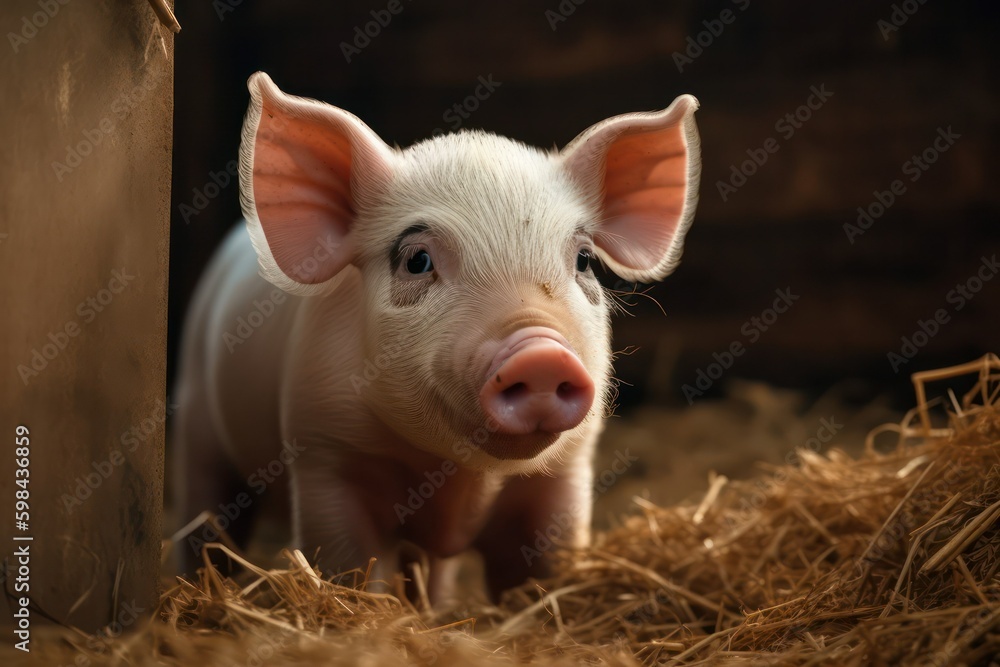 a young little pig stands in straw on a farm. household. generative AI Generative AI a young little pig stands in straw on a farm. household. generative AI Generative AI