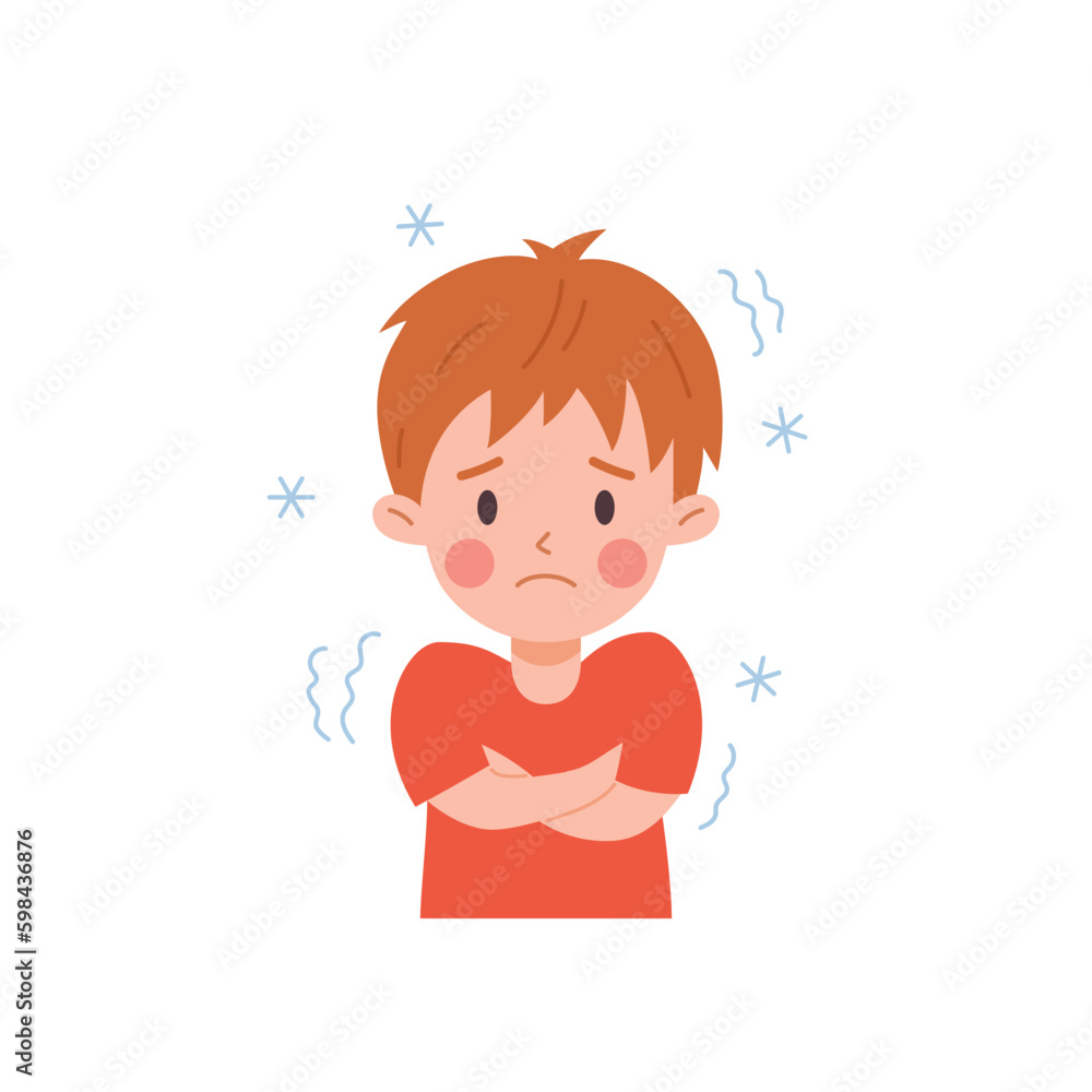 Upset child boy in red t-shirt having chills flu symptom flat style Upset child boy in red t-shirt having chills flu symptom flat style