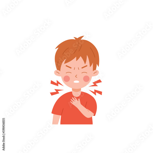 Kid boy having sore throat flu symptom flat style, vector illustration