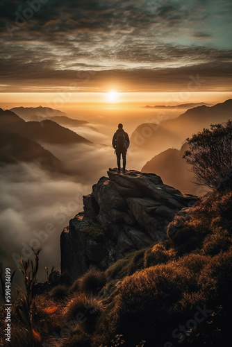 a man is standing on a mountain. AI generative