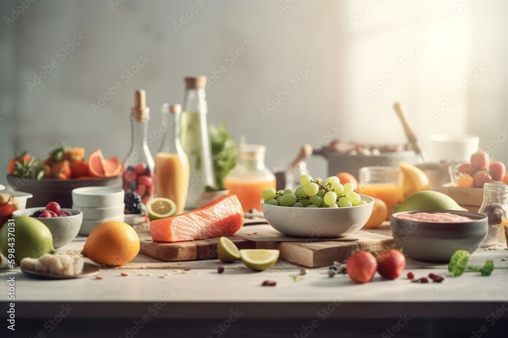 Healthy clean eating selection: fruit, vegetable, seeds, superfood, cereal, leaf vegetable. Detox and clean diet concept. High in vitamins, minerals and antioxidants. Anti age foods. Generative AI. 
