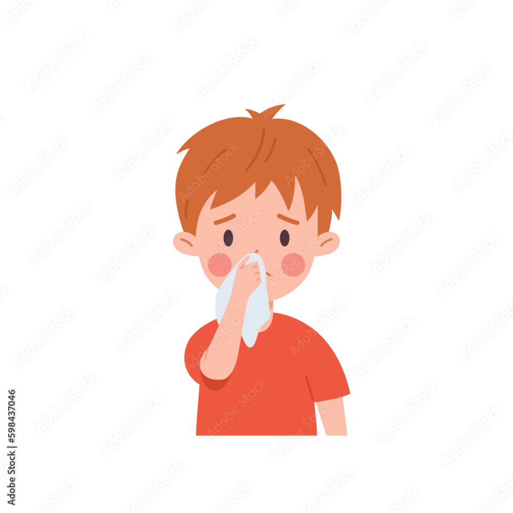 Sad kid boy wipes nose with handkerchief flat style, vector illustration Sad kid boy wipes nose with handkerchief flat style, vector illustration