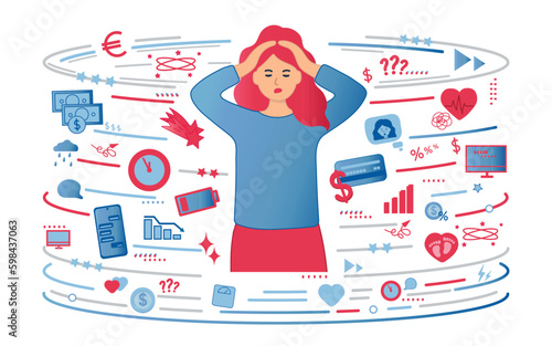 Dizzy with worries. A young woman is dizzy with problems. Heavy confused thoughts. Tiredness and despondency. Women's problems, love, heart, work, money, expenses.