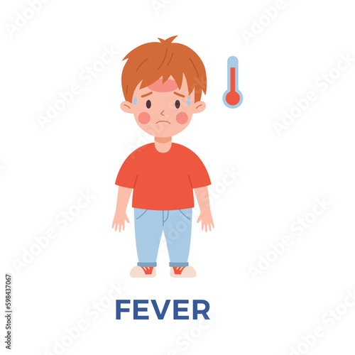 Standing sad little boy having fever flu symptom flat style