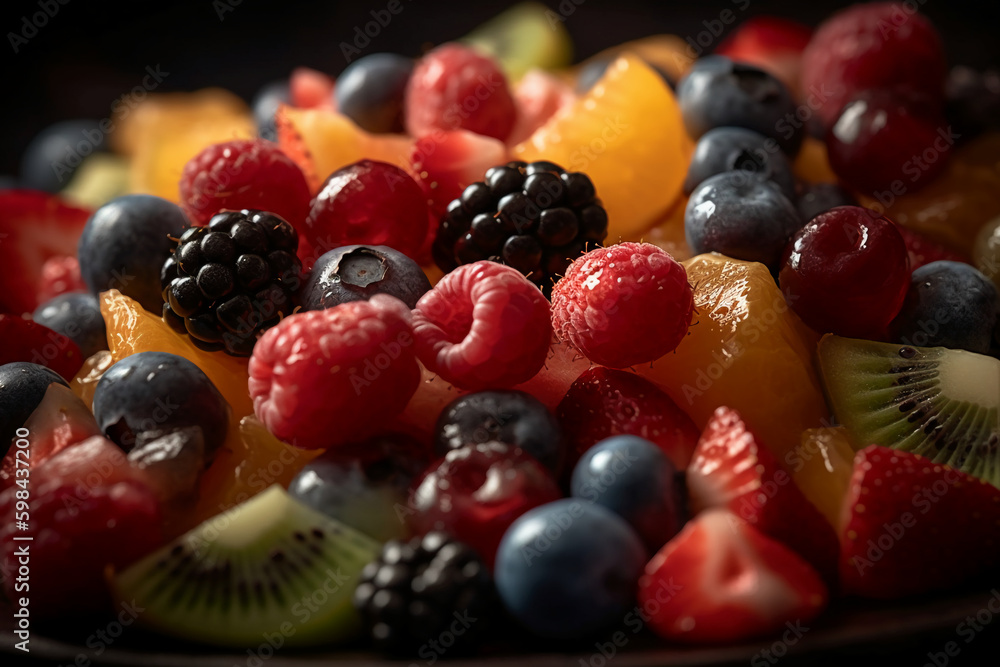 Fresh fruit salad, close up, macro, in the style of food photography. AI generative Fresh fruit salad, close up, macro, in the style of food photography. AI generative