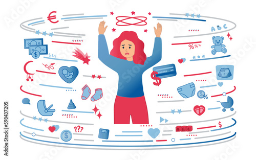 Young smiling woman multi-tasking using modern device and time. Happy relaxing girl character engaged in task management. Vector illustration.