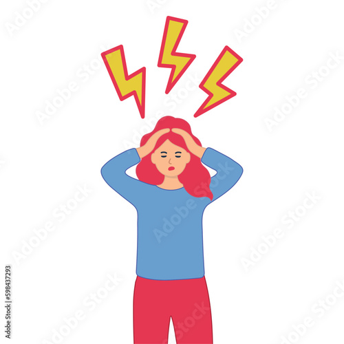 woman in panic lightning over her head. Woman in shock, and lightning over her.