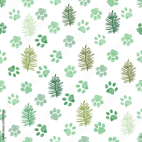 Tropical leaves and paw prints seamless fabric design Generative AI