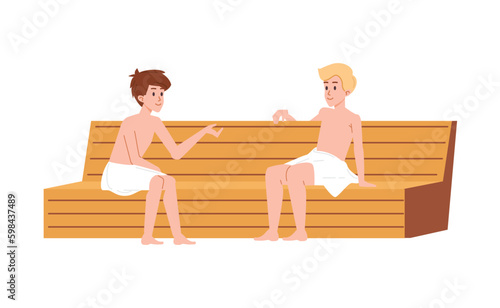 Men in towels sitting on wooden bench in sauna, flat vector illustration isolated on white background.