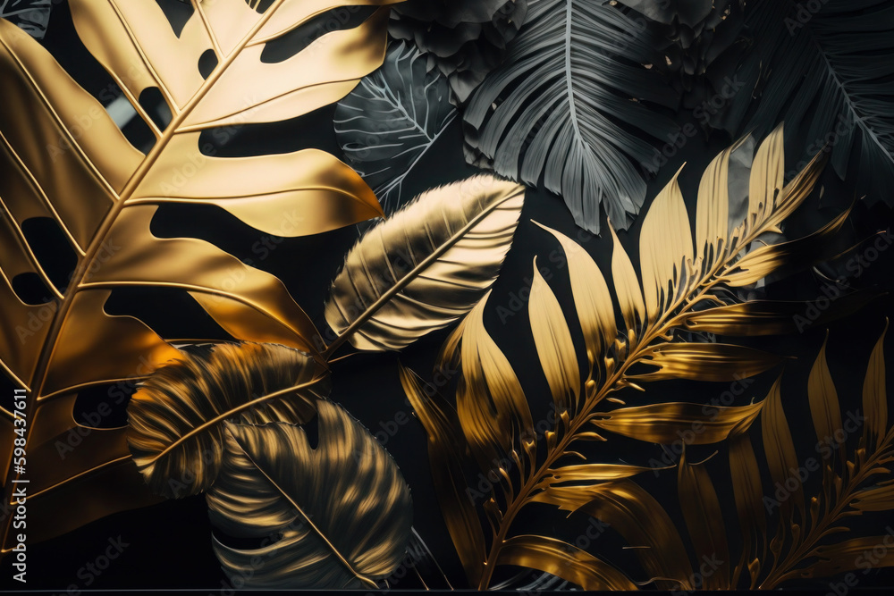 black with gold background. texture from the leaves of tropical trees ...