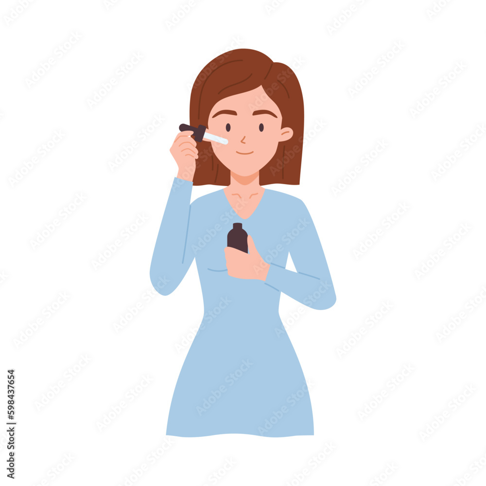 Smiling woman in blue home dress using facial serum flat style Smiling woman in blue home dress using facial serum flat style