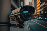 CCTV Camera Operating on the streets of the city, metropolis. security and crime tracking. ai generative