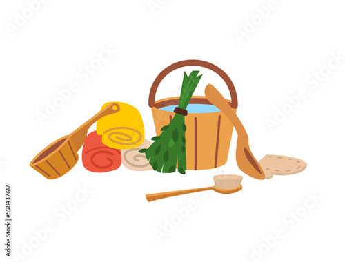 Sauna equipment - whisk, wooden bucket, dry brush and towel, flat vector illustration isolated on white background.