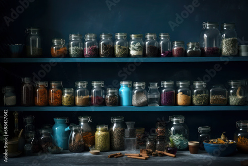 shelf of glass jars on a blue background. texture from containers with spices. ai generative