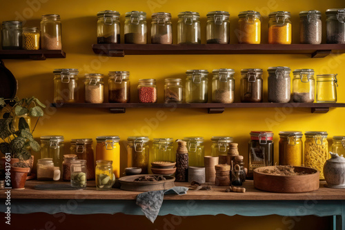 shelf of glass jars on a yellow, orange background. texture from containers with spices. ai generative
