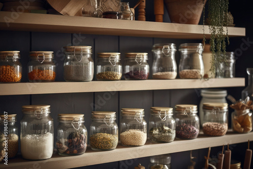 shelf of glass jars on a dark background. texture from containers with spices. ai generative