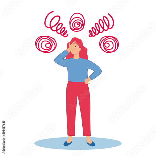 The sick person suffers from dizziness, confusion, dizziness and headache. Flat vector illustration for stress, disease symptoms, migraine, hangover