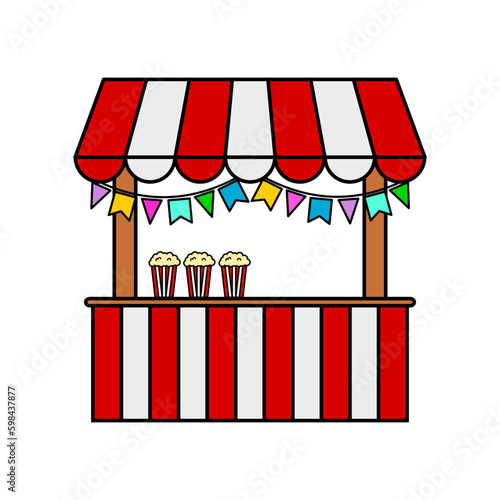Barraca de pipoca com decoração de bandeiras de festa junina ou julina. Tenda de comida típica de festa regional, tradicional, cultural brasileira. Vetor com cores e traço editável.