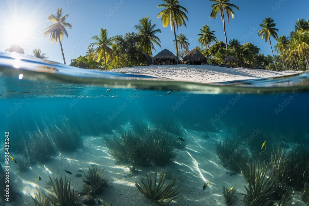 Photograph of beautiful inviting beach scene with blue sky. AI generative