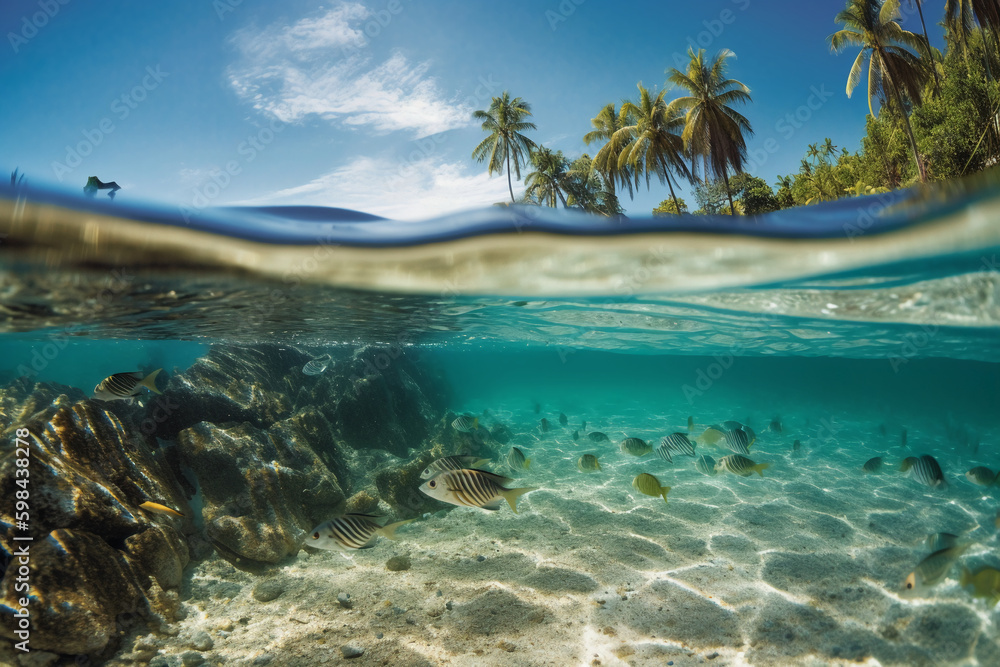 Photograph of beautiful inviting beach scene with blue sky. AI generative Photograph of beautiful inviting beach scene with blue sky. AI generative