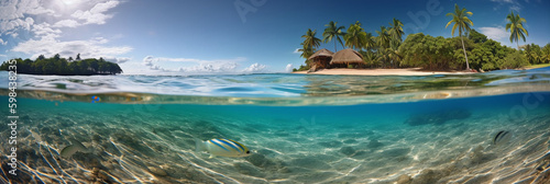 Photograph of beautiful inviting beach scene with blue sky. AI generative