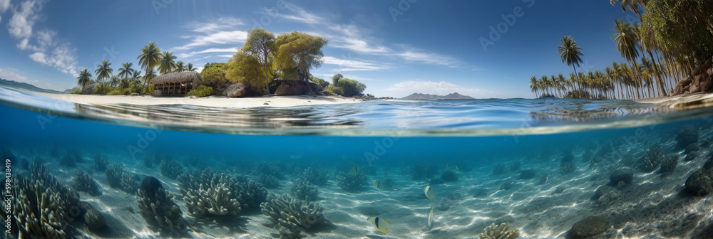 Obraz premium Photograph of beautiful inviting beach scene with blue sky. AI generative