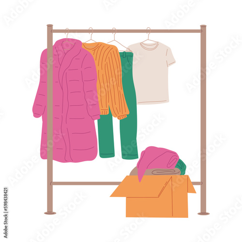 Used clothing for swap party or second hand sales, vector illustration isolated.