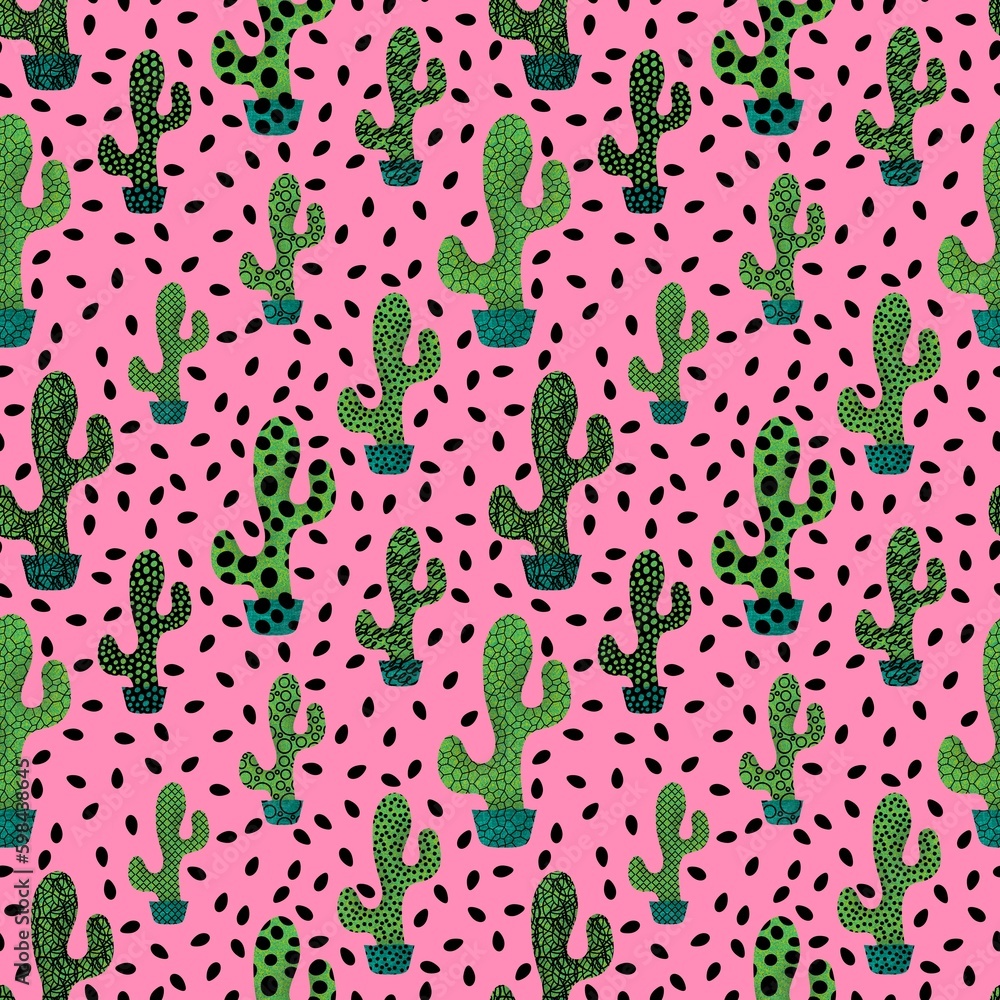 Cartoon floral seamless cactus pattern for wrapping paper and fabrics and linens and kids clothes print