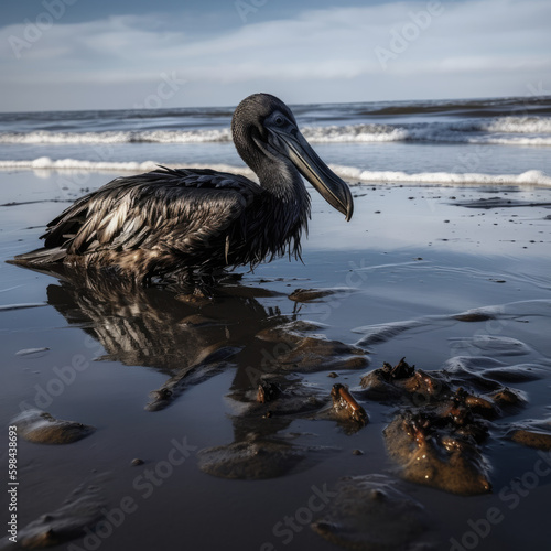 An oil spill affecting marine life, a pelican covered in oil