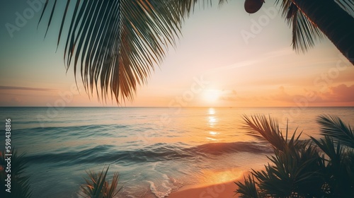 Tropical summer seascape with palm leaves, beach and paradise ocean on sunset. Generative AI