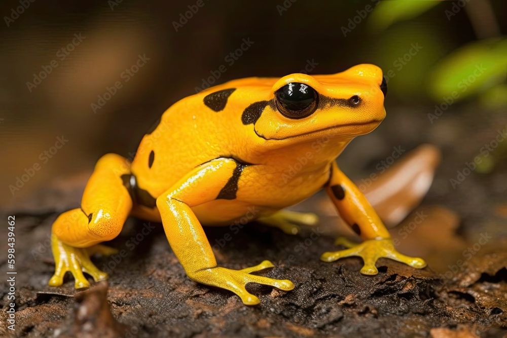 vibrant yellow and black frog perched on a mossy rock in a lush green forest. Generative AI vibrant yellow and black frog perched on a mossy rock in a lush green forest. Generative AI