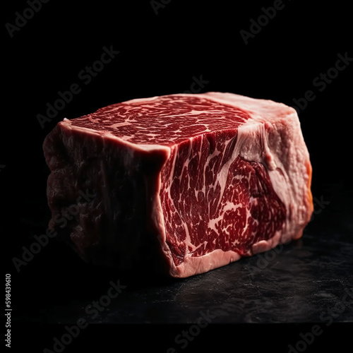 Fresh uncooked marbled beef, black background. AI generative