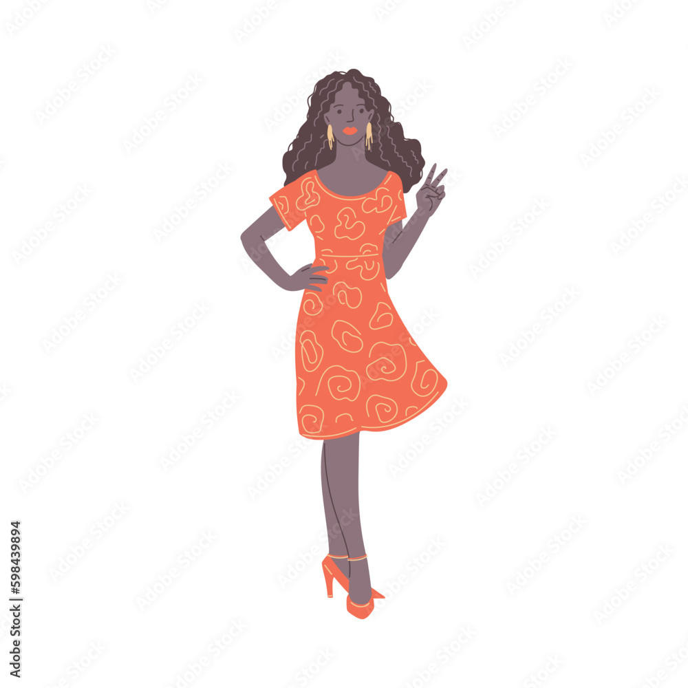 Beautiful black woman in dress, flat vector illustration isolated on white background. Beautiful black woman in dress, flat vector illustration isolated on white background.