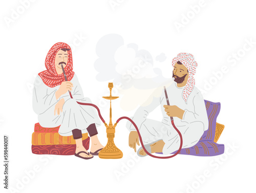 Arab men smoking hookah or calabash flat vector illustration isolated on white.