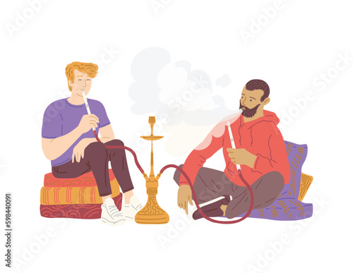 Caucasian men smoking hookah or calabash flat vector illustration isolated.