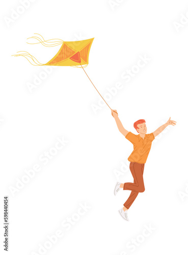 Happy young boy running and jumping with flying kite flat style