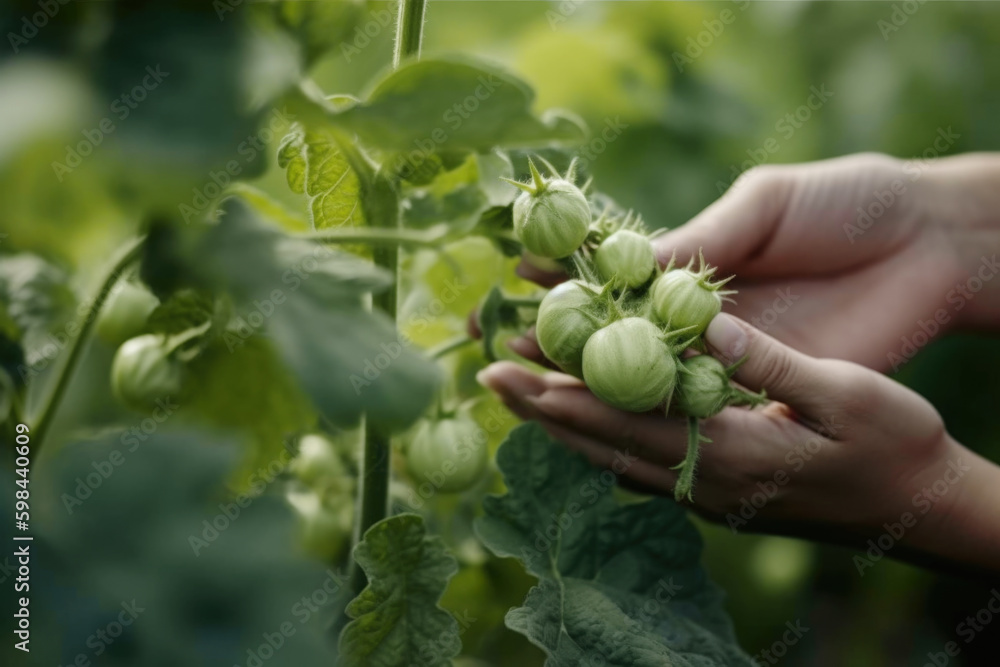 Woman picking green vegetables in biodynamic garden. Self-sustaining concept of living in nature and community of more people AI generated art Woman picking green vegetables in biodynamic garden. Self-sustaining concept of living in nature and community of more people AI generated art