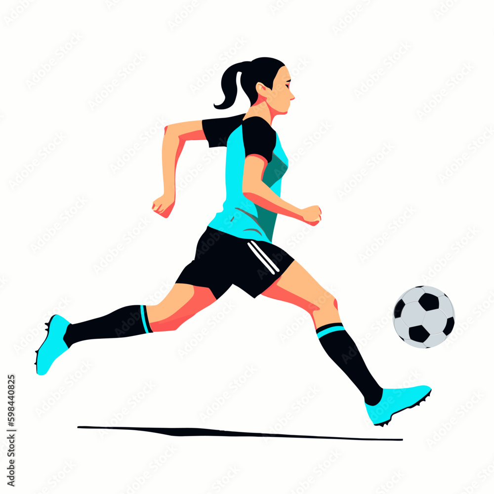 Female soccer player running with football ball, vector illustration for 2023 Women's World Cup.