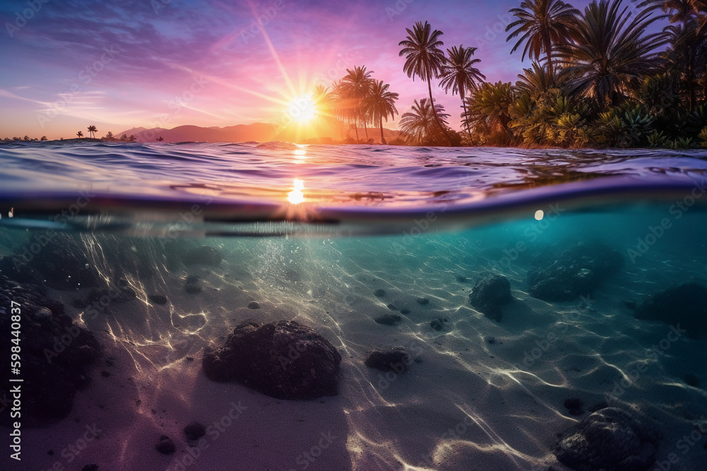 Photograph of beautiful inviting beach scene with purple sunset sky. AI generative Photograph of beautiful inviting beach scene with purple sunset sky. AI generative