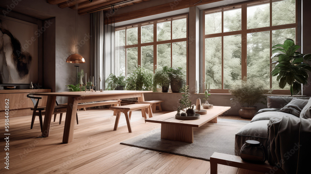 Wooden living room interior with eating table and couch, panoramic window. Generative AI